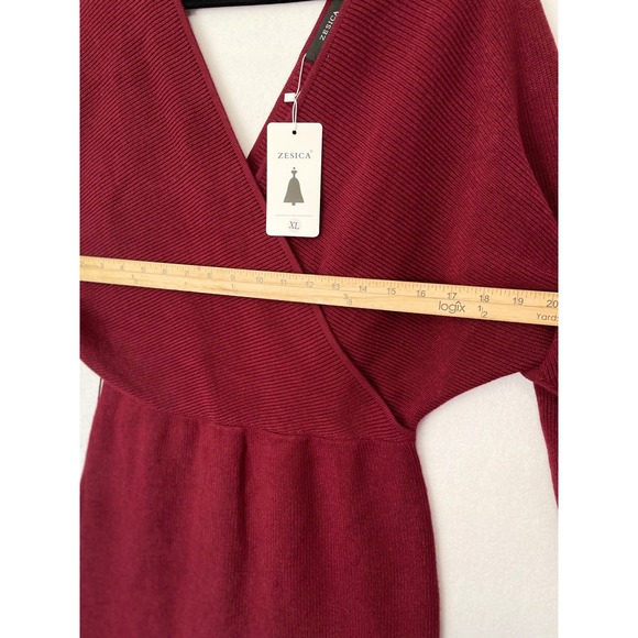 ZESICA Wrap Sweater Dress Women XL Burgundy New Ribbed Batwing V-Neck Mini Tie - Picture 7 of 11